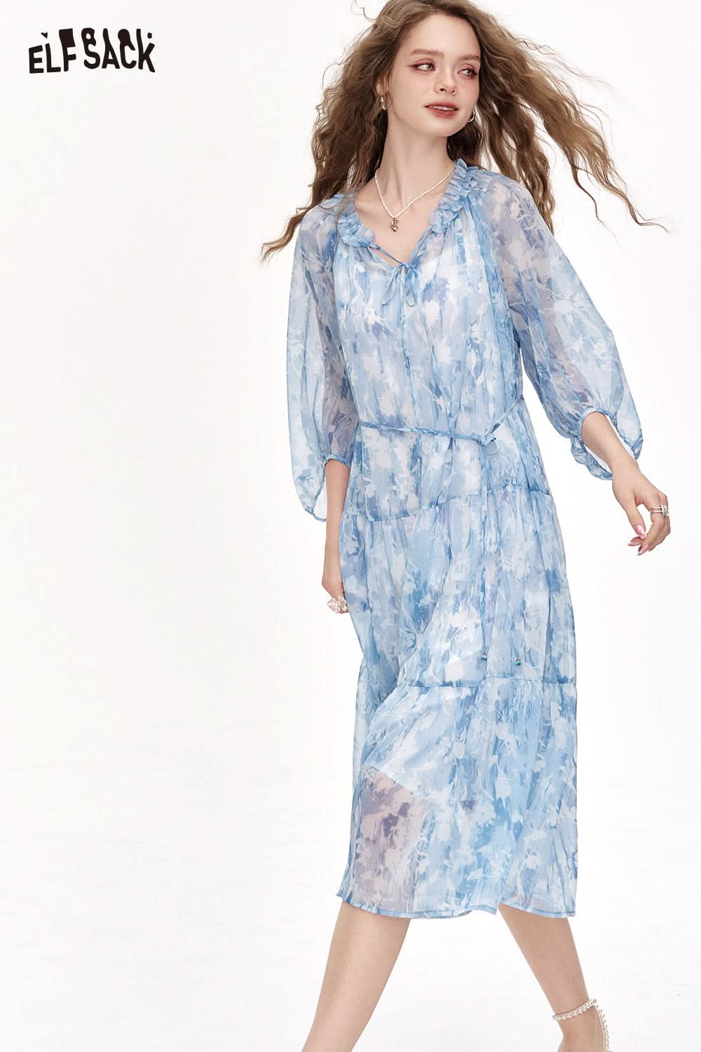 ELFSACK Chiffon Floral Long Chic Dress