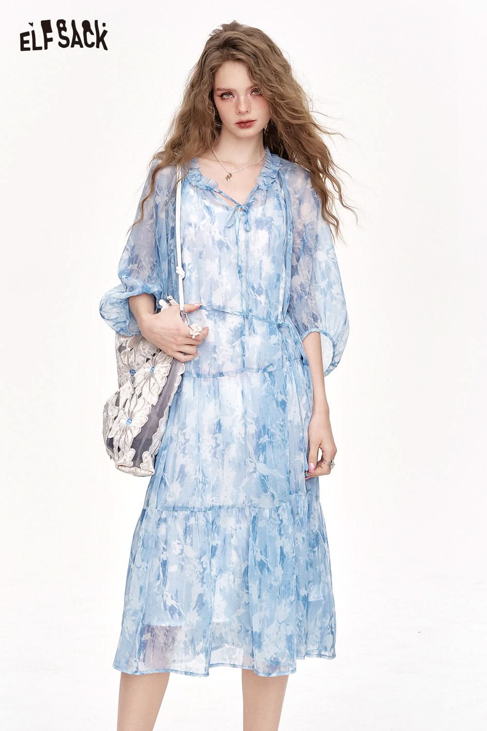 ELFSACK Chiffon Floral Long Chic Dress