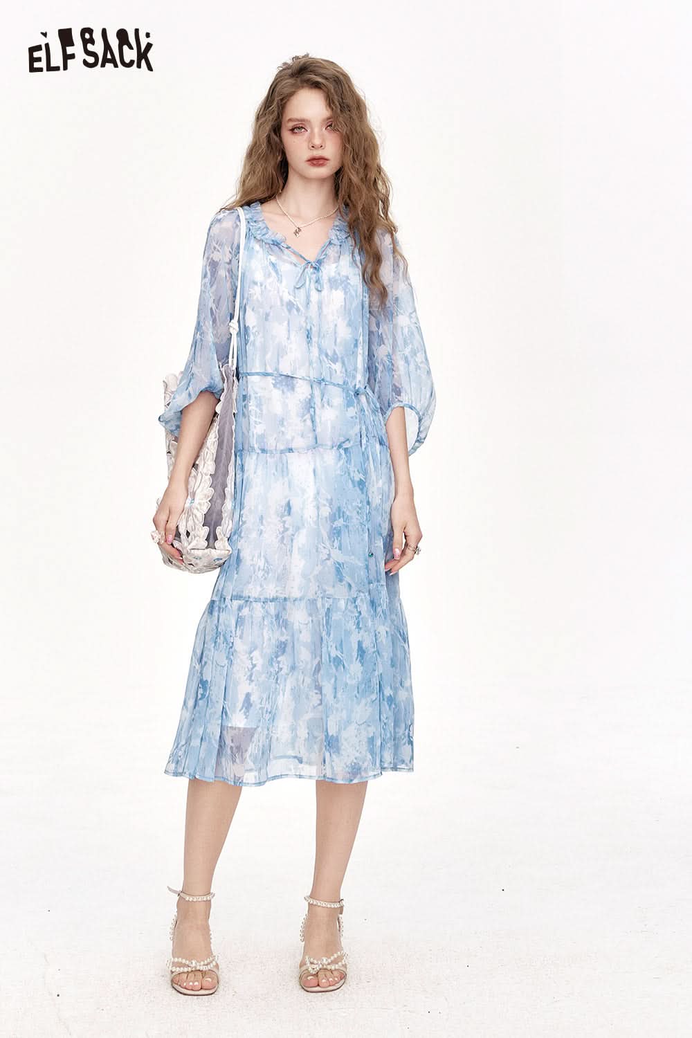 ELFSACK Chiffon Floral Long Chic Dress