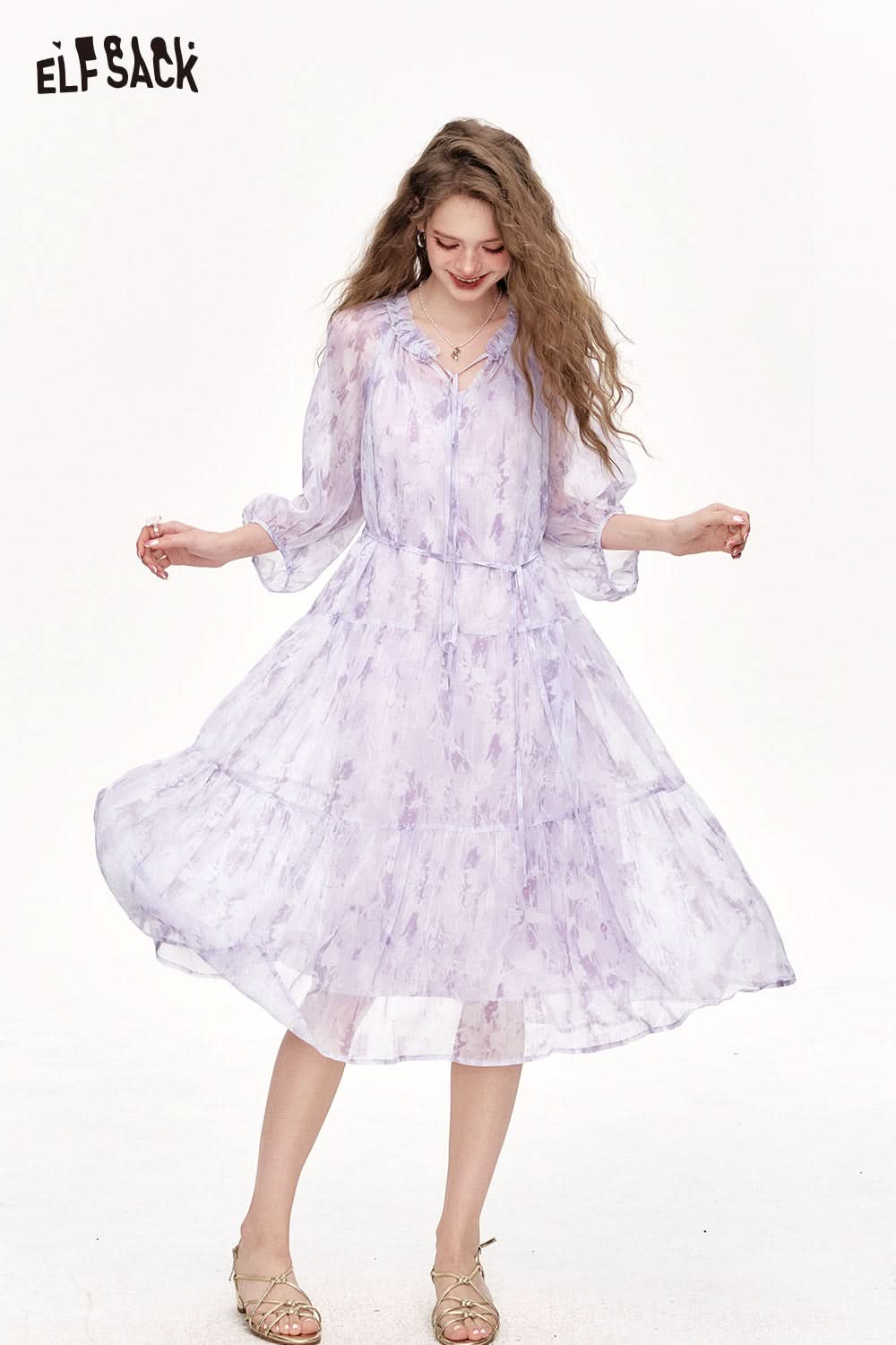 ELFSACK Chiffon Floral Long Chic Dress