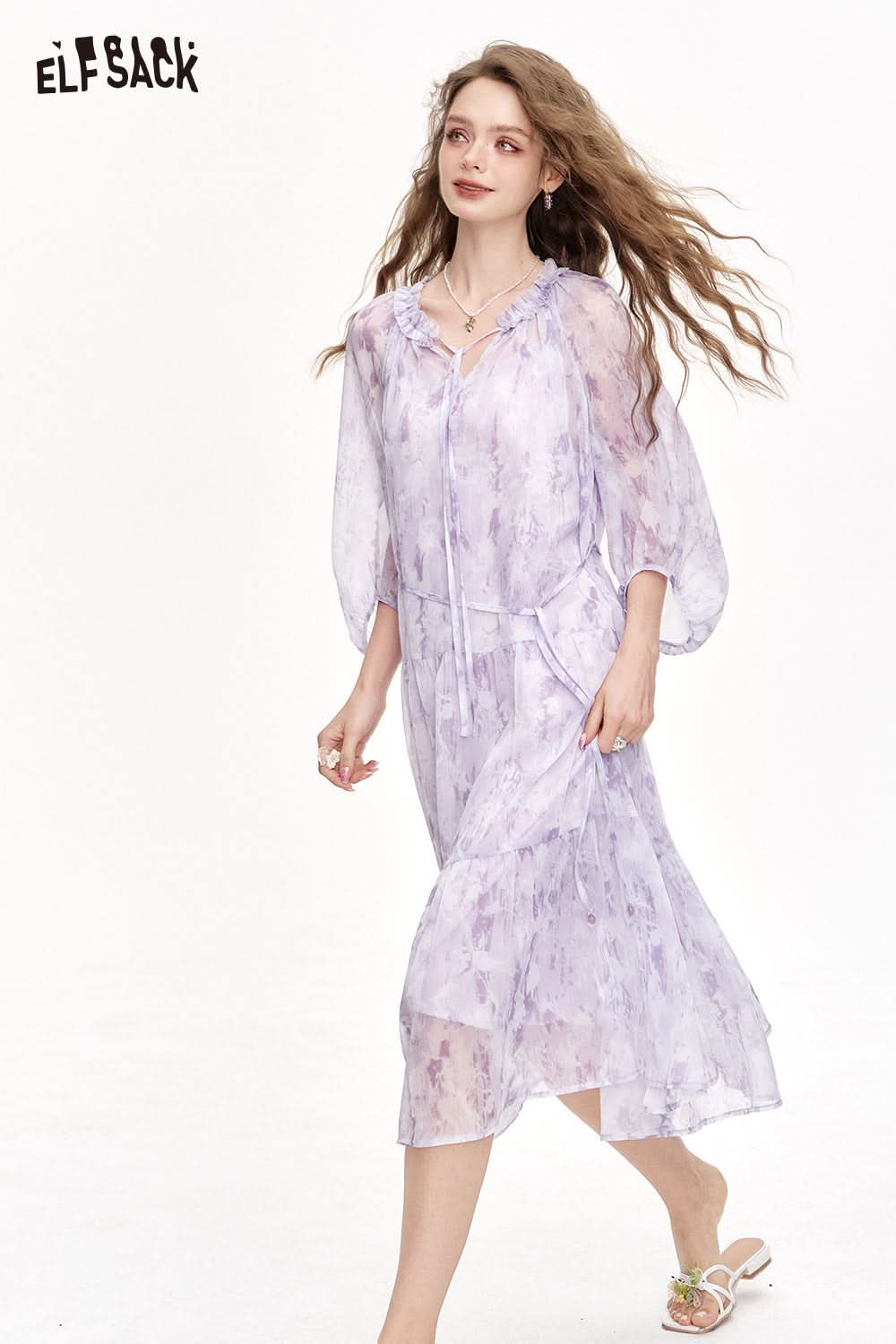 ELFSACK Chiffon Floral Long Chic Dress