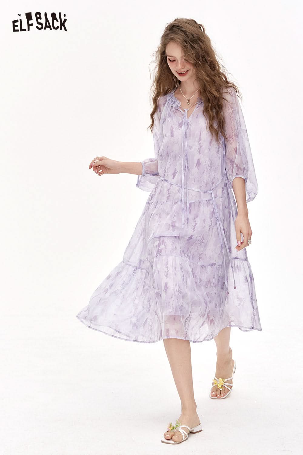 ELFSACK Chiffon Floral Long Chic Dress
