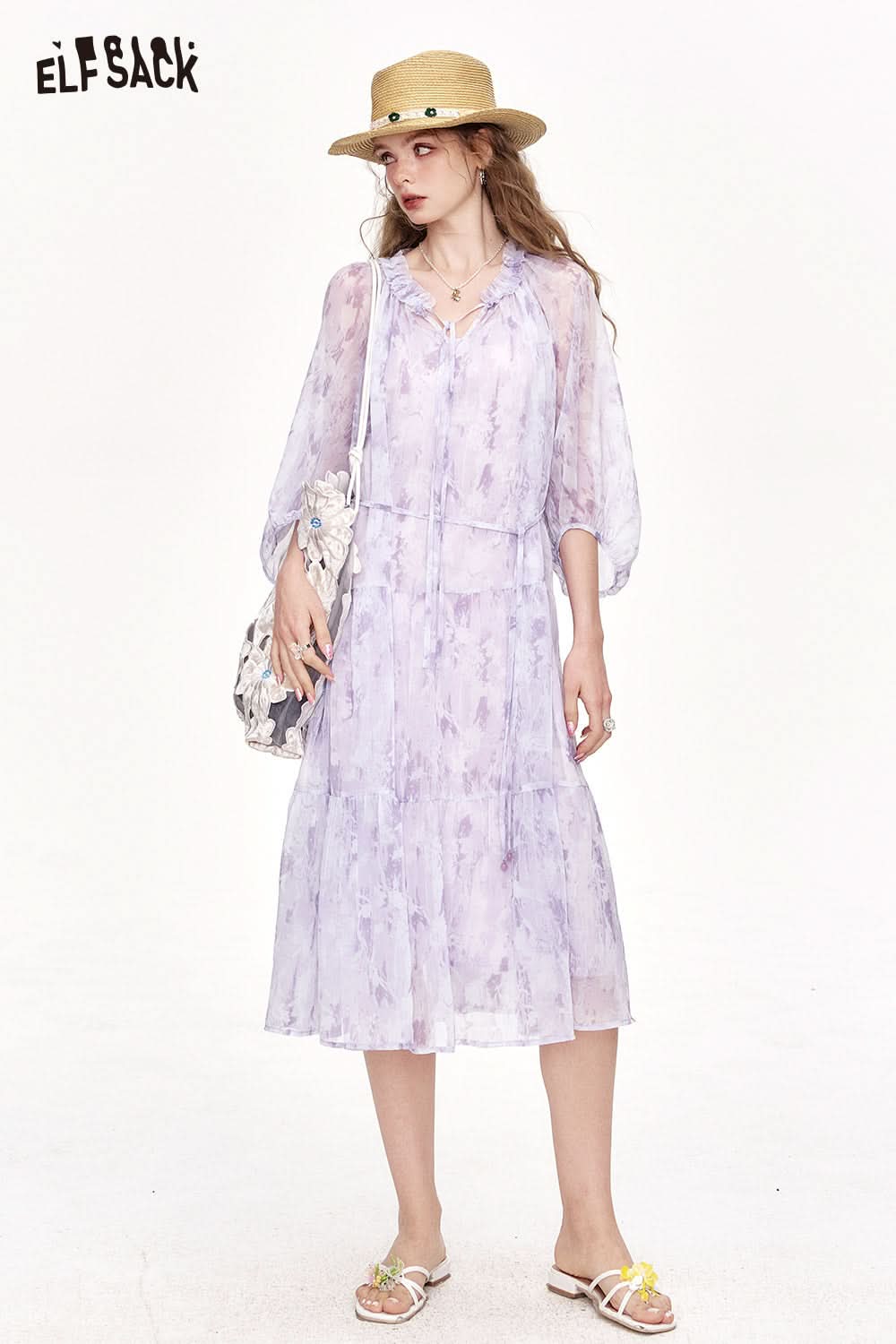 ELFSACK Chiffon Floral Long Chic Dress