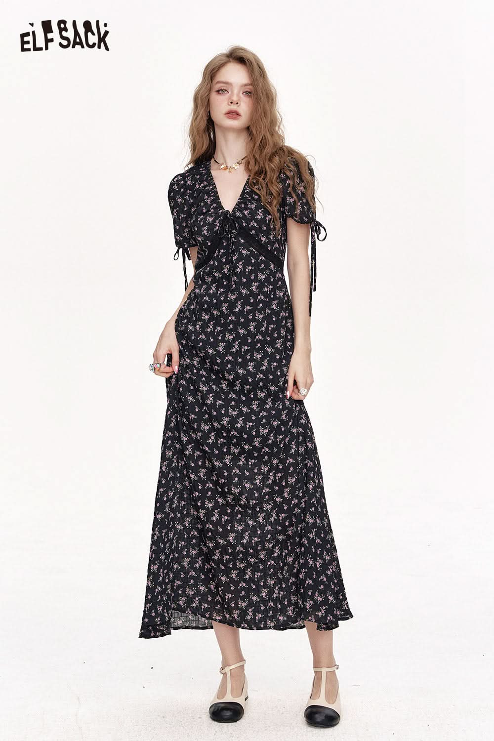ELFSACK V-Neck Black Floral Waist Cinching Chic Dress