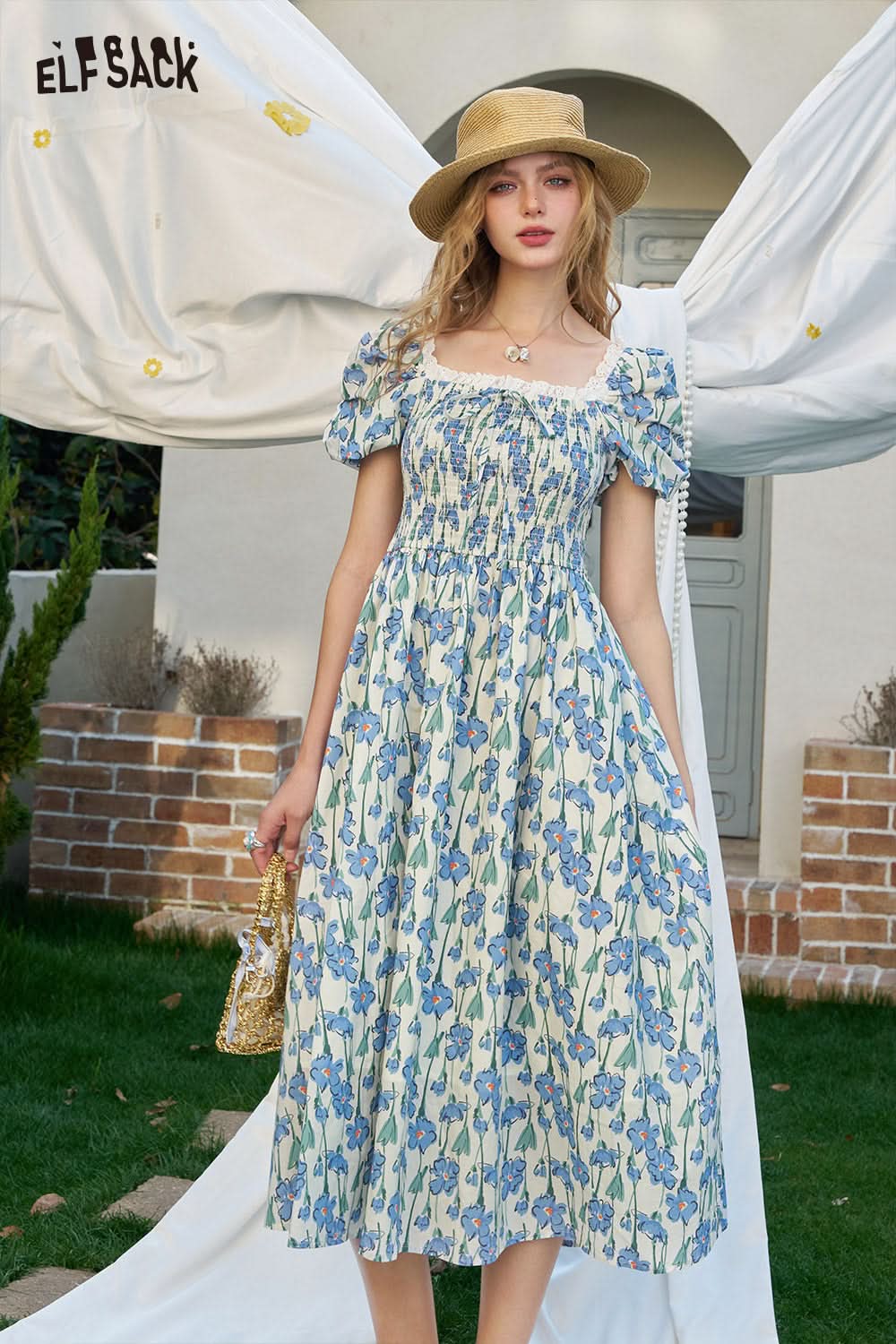ELFSACK French Floral Waist Cinching Chic Dress