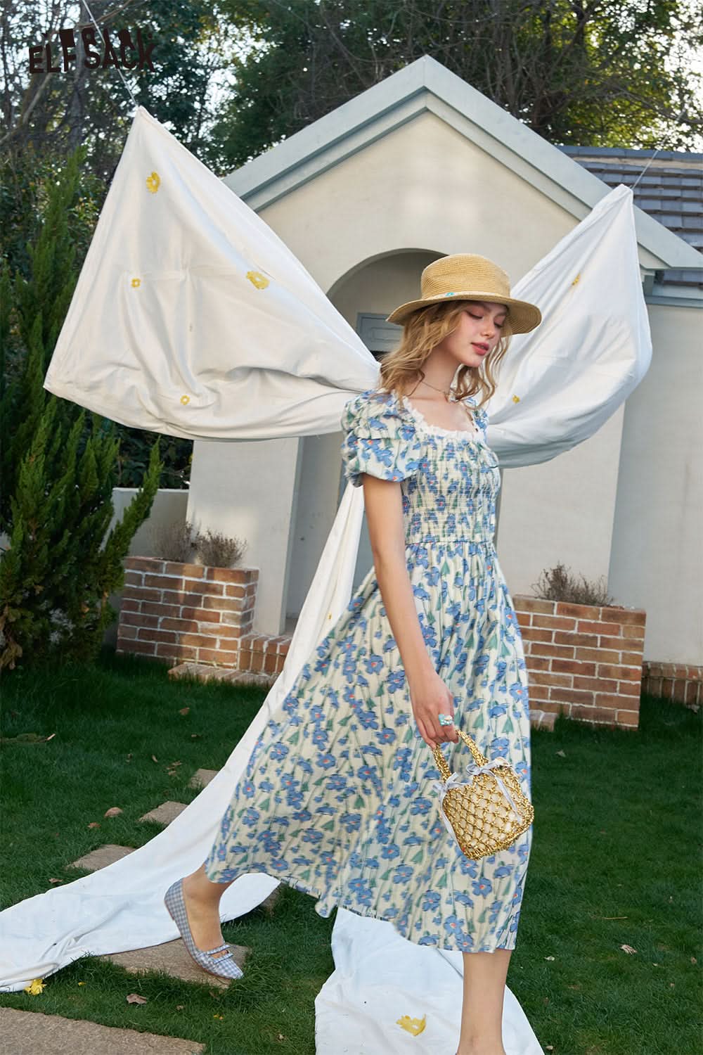 ELFSACK French Floral Waist Cinching Chic Dress