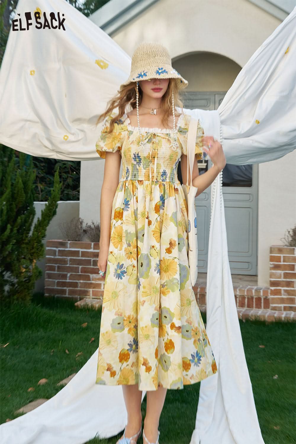 ELFSACK French Floral Waist Cinching Chic Dress