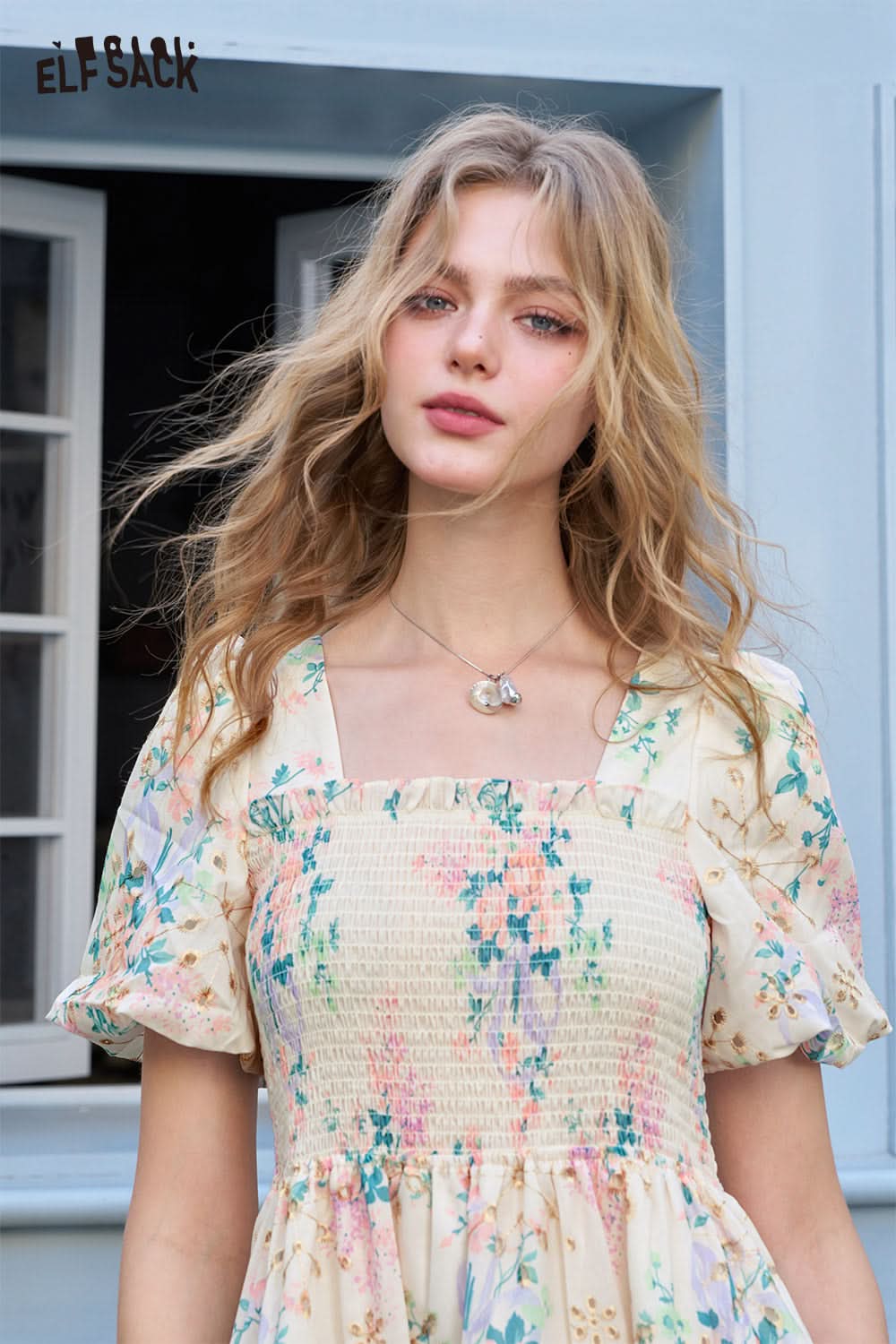 ELFSACK Bubble Sleeve Floral Chic Dress