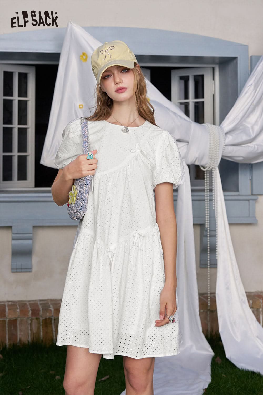ELFSACK White Bubble Sleeves Sweet Princess Chic Dress