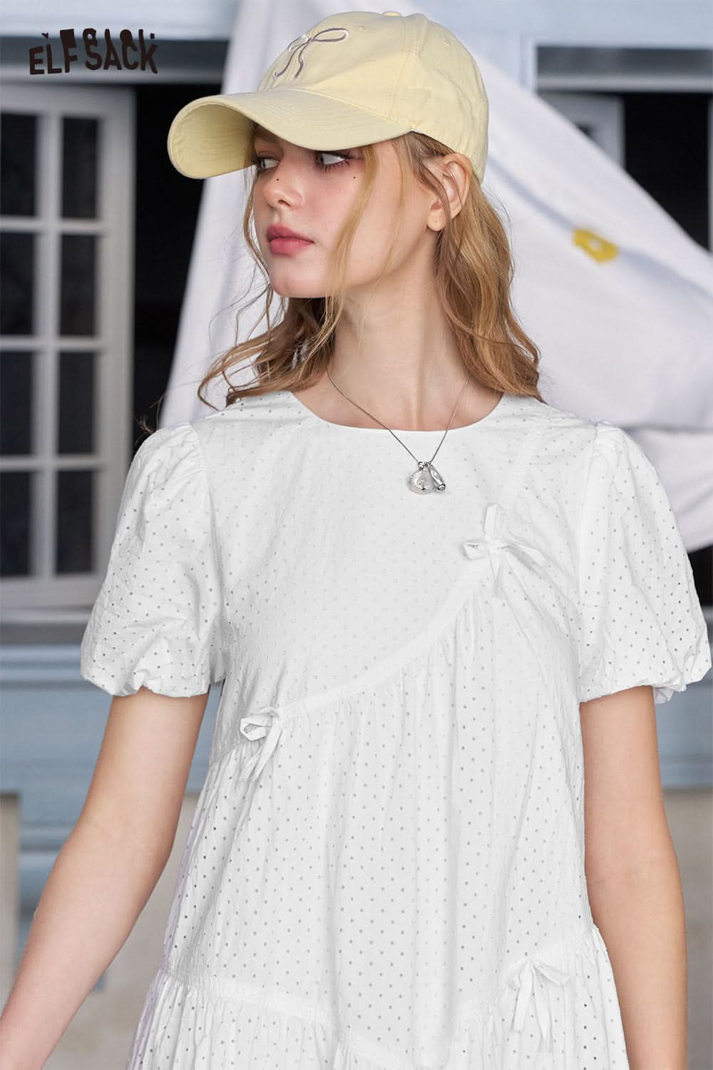 ELFSACK White Bubble Sleeves Sweet Princess Chic Dress