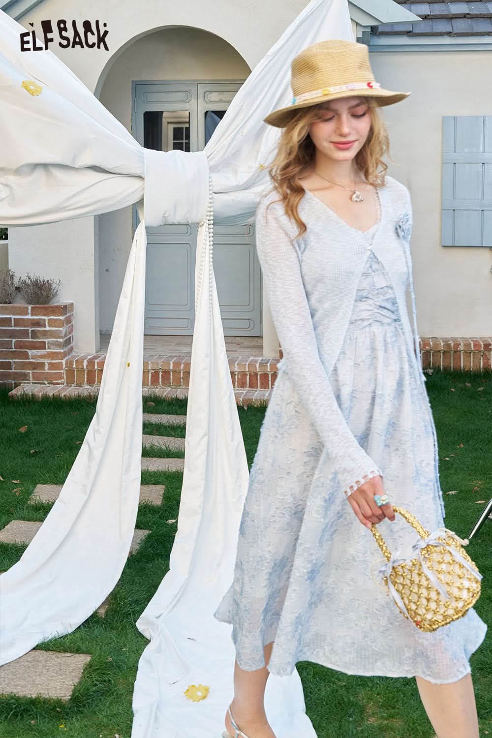 ELFSACK Flower Knitted Cardigan Camisole Dress Two-Piece Set