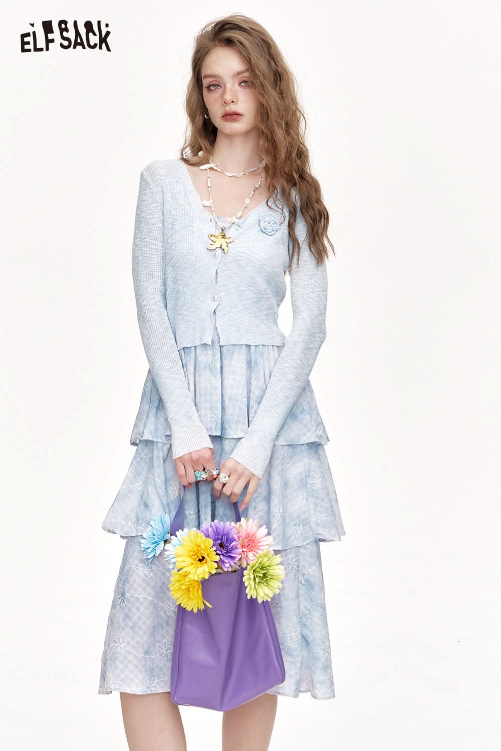ELFSACK Thin Knit Cardigan Floral Suspender Dress Two-Piece Set