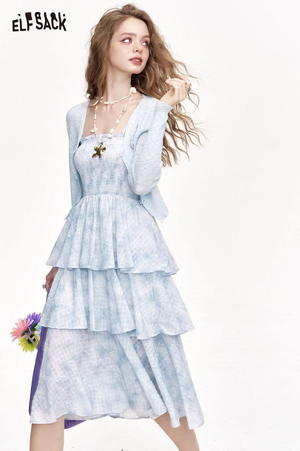 ELFSACK Thin Knit Cardigan Floral Suspender Dress Two-Piece Set