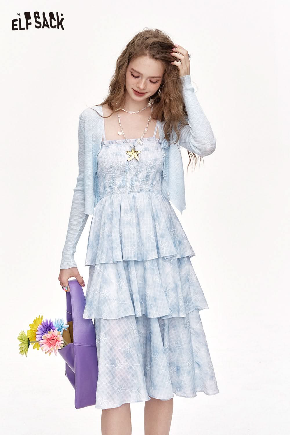 ELFSACK Thin Knit Cardigan Floral Suspender Dress Two-Piece Set