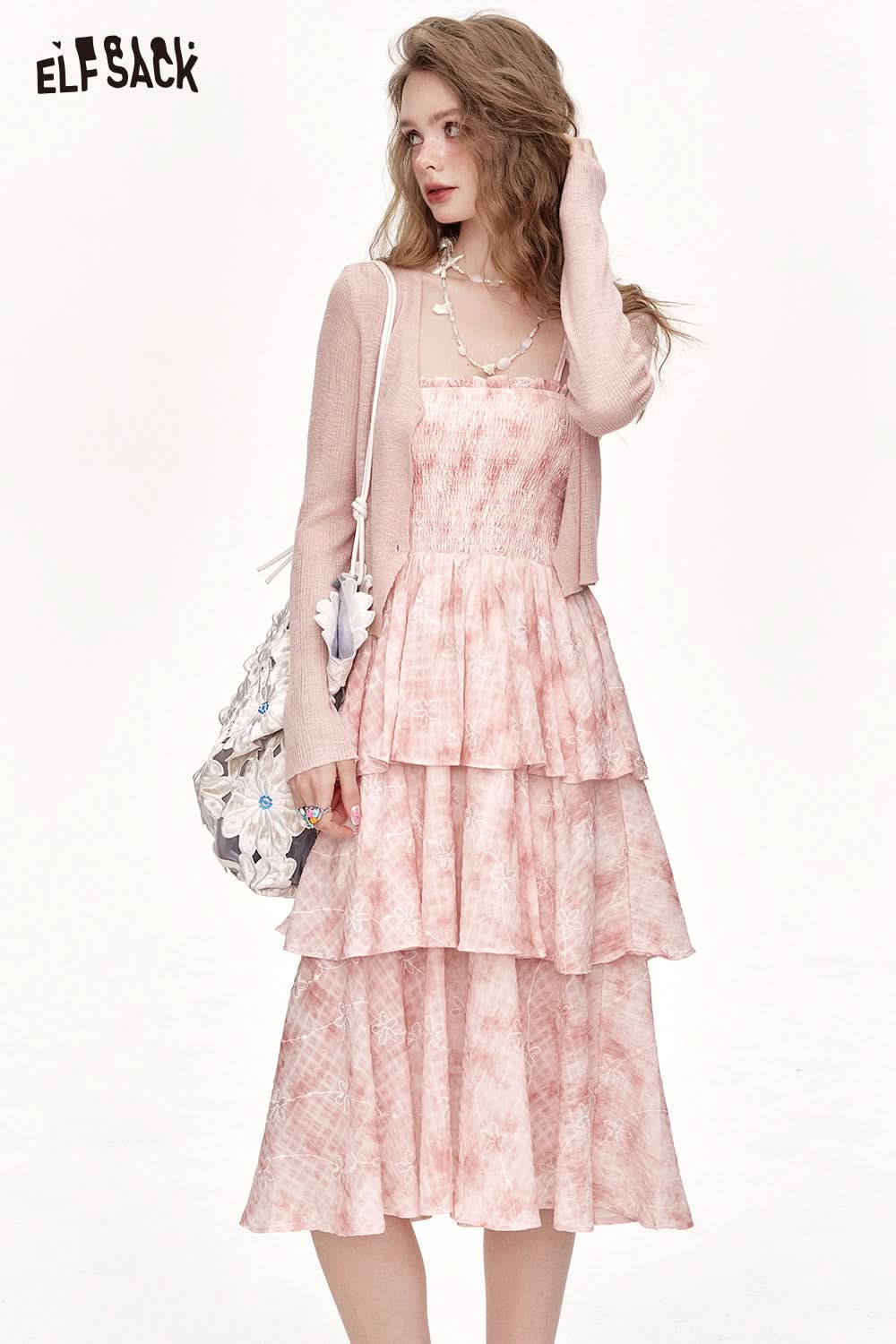 ELFSACK Thin Knit Cardigan Floral Suspender Dress Two-Piece Set