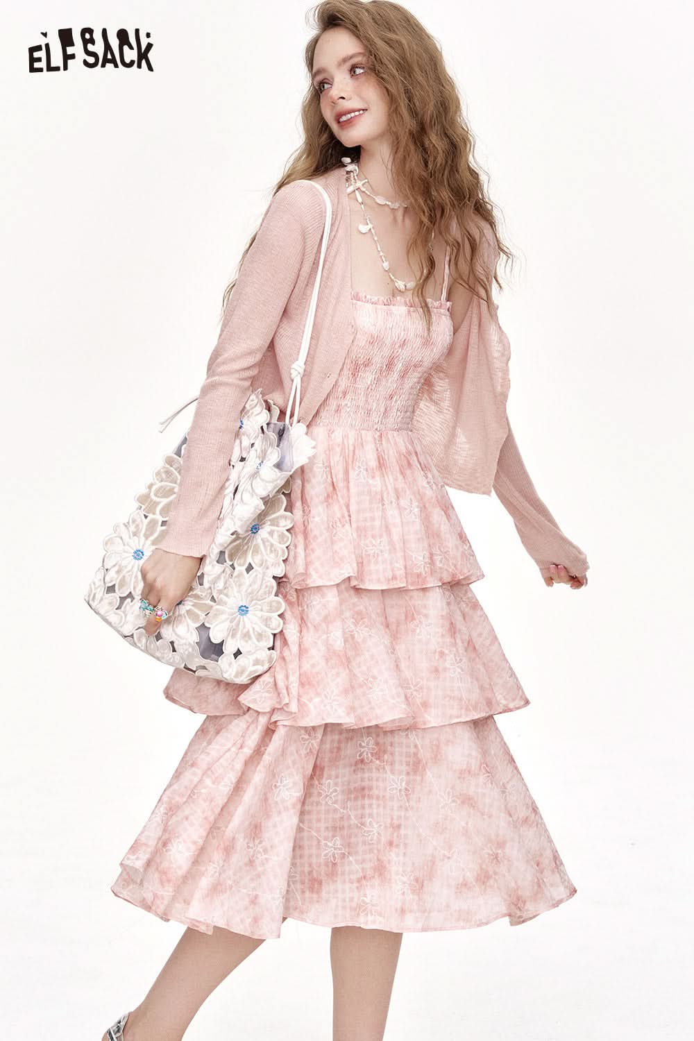 ELFSACK Thin Knit Cardigan Floral Suspender Dress Two-Piece Set