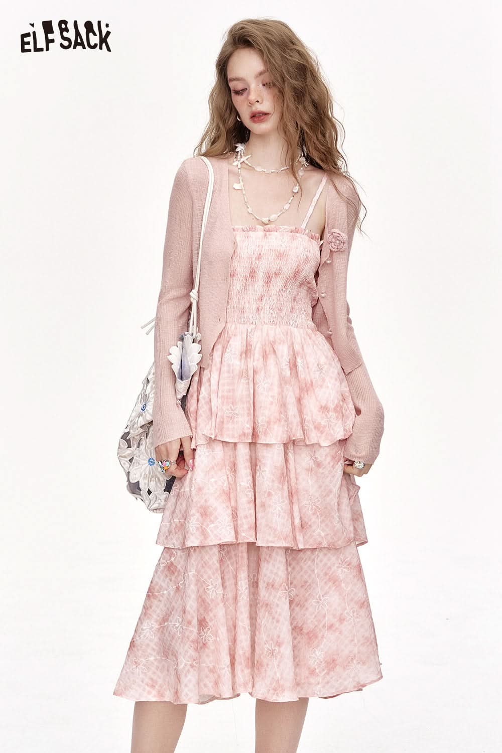 ELFSACK Thin Knit Cardigan Floral Suspender Dress Two-Piece Set