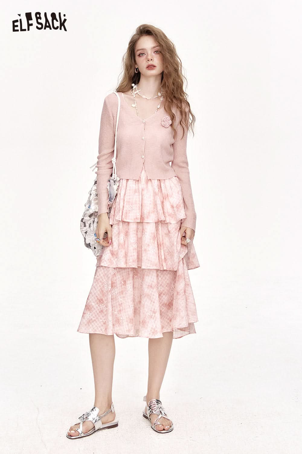 ELFSACK Thin Knit Cardigan Floral Suspender Dress Two-Piece Set