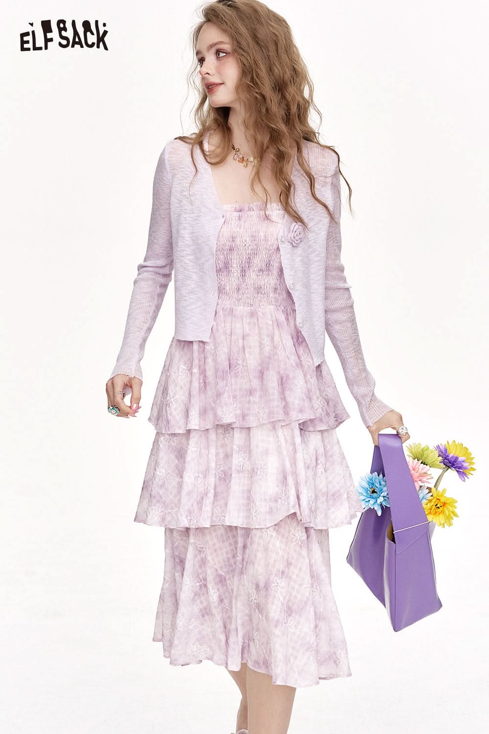 ELFSACK Thin Knit Cardigan Floral Suspender Dress Two-Piece Set