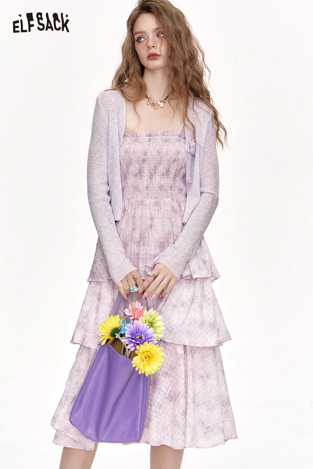 ELFSACK Thin Knit Cardigan Floral Suspender Dress Two-Piece Set