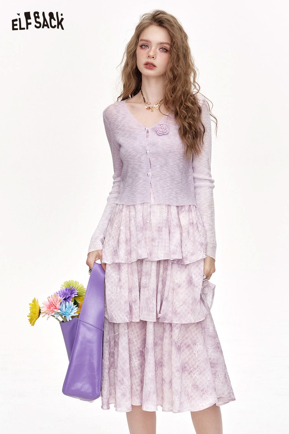ELFSACK Thin Knit Cardigan Floral Suspender Dress Two-Piece Set