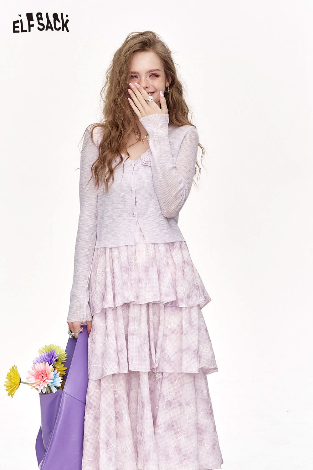 ELFSACK Thin Knit Cardigan Floral Suspender Dress Two-Piece Set