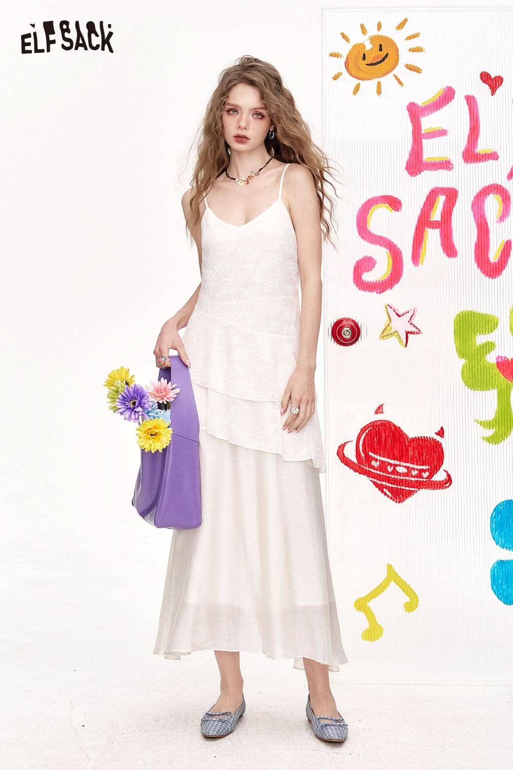 ELFSACK White Suspender Waist Cinching Chic Dress