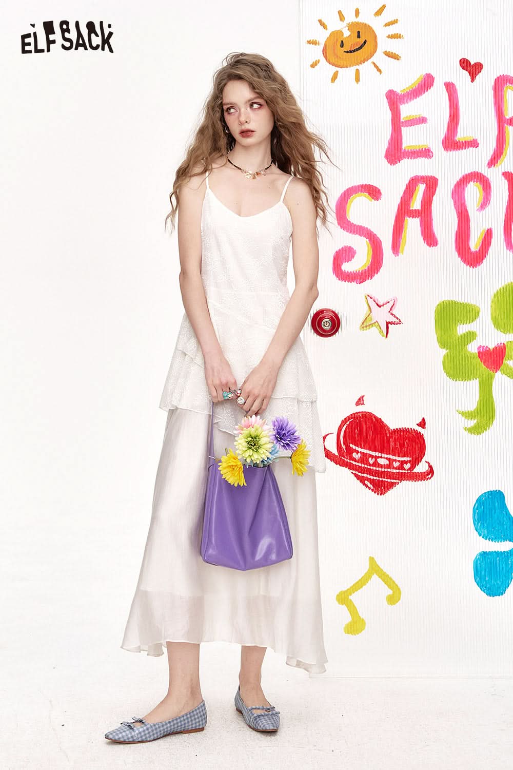 ELFSACK White Suspender Waist Cinching Chic Dress