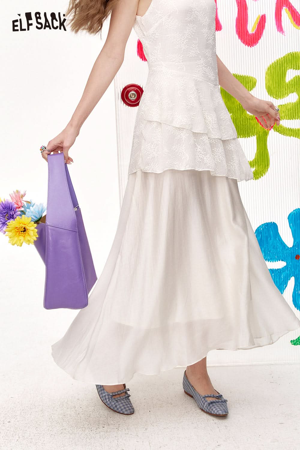 ELFSACK White Suspender Waist Cinching Chic Dress