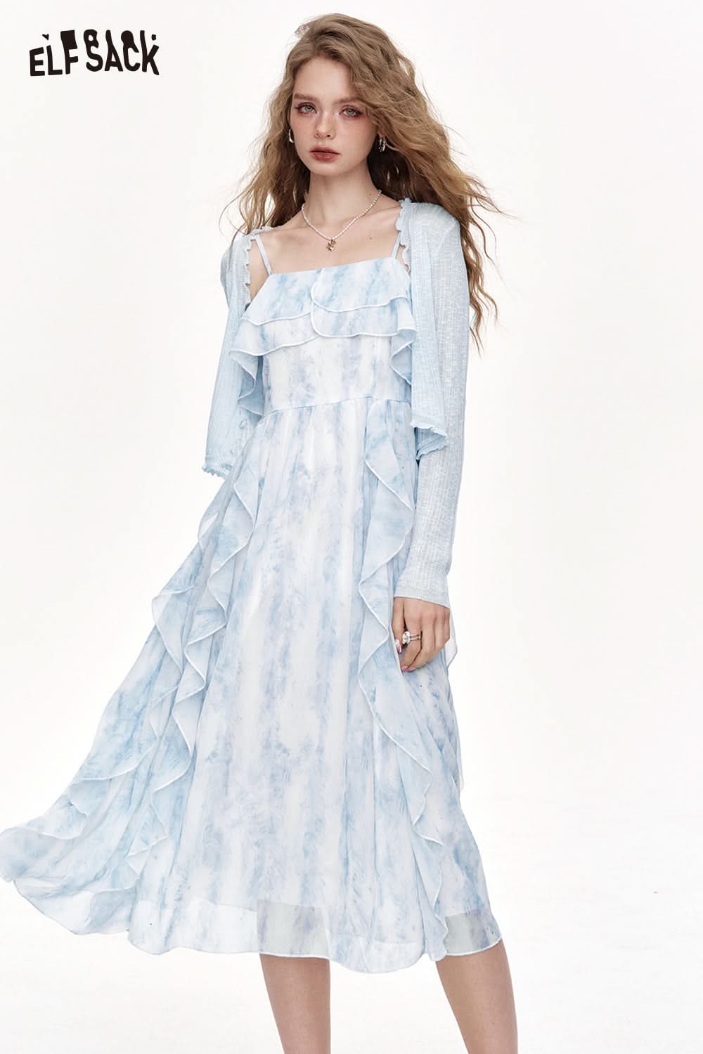 ELFSACK Knitted Cardigan Camisole Set Dress