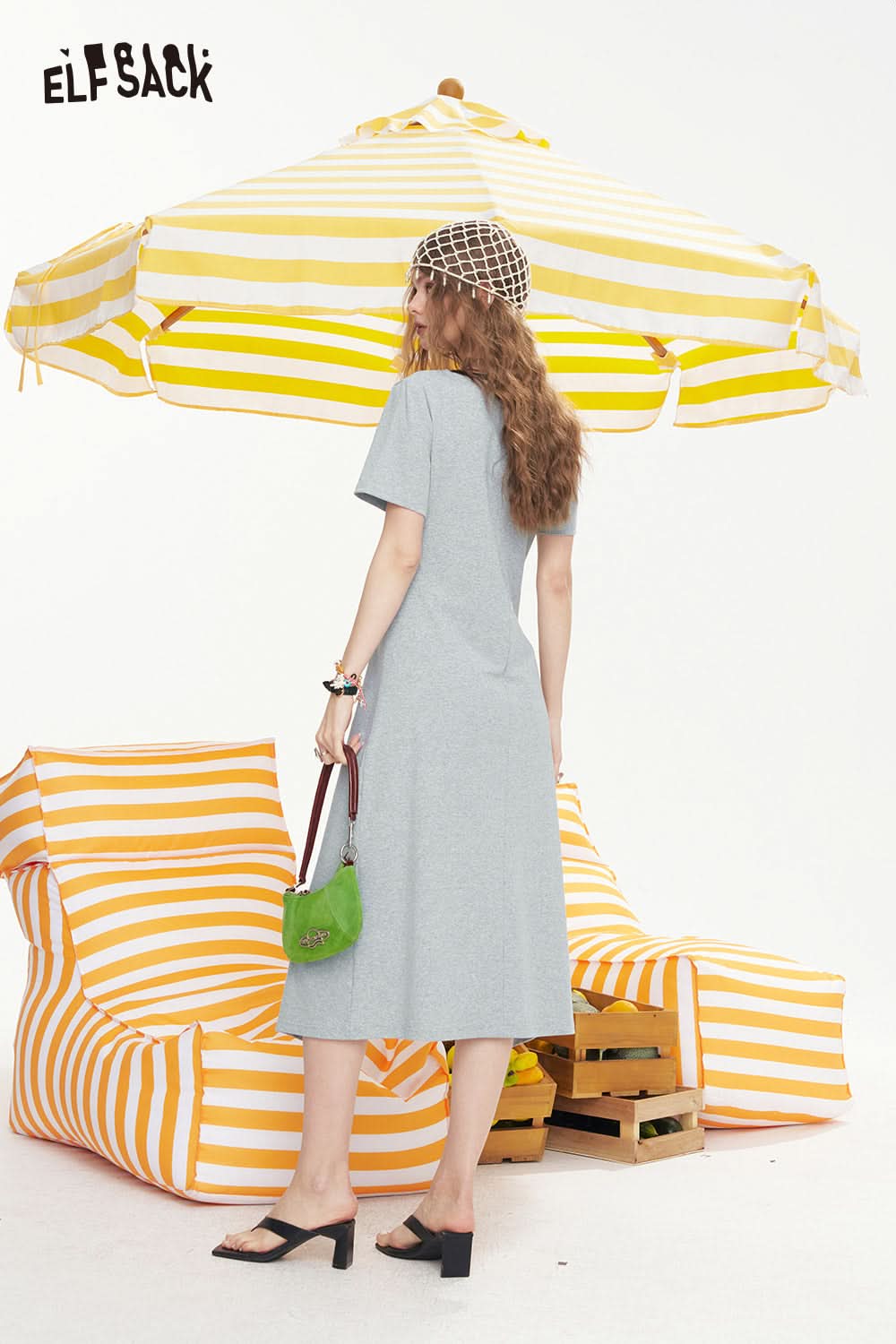 ELFSACK Letter Printed Waist Cinching Casual Dress