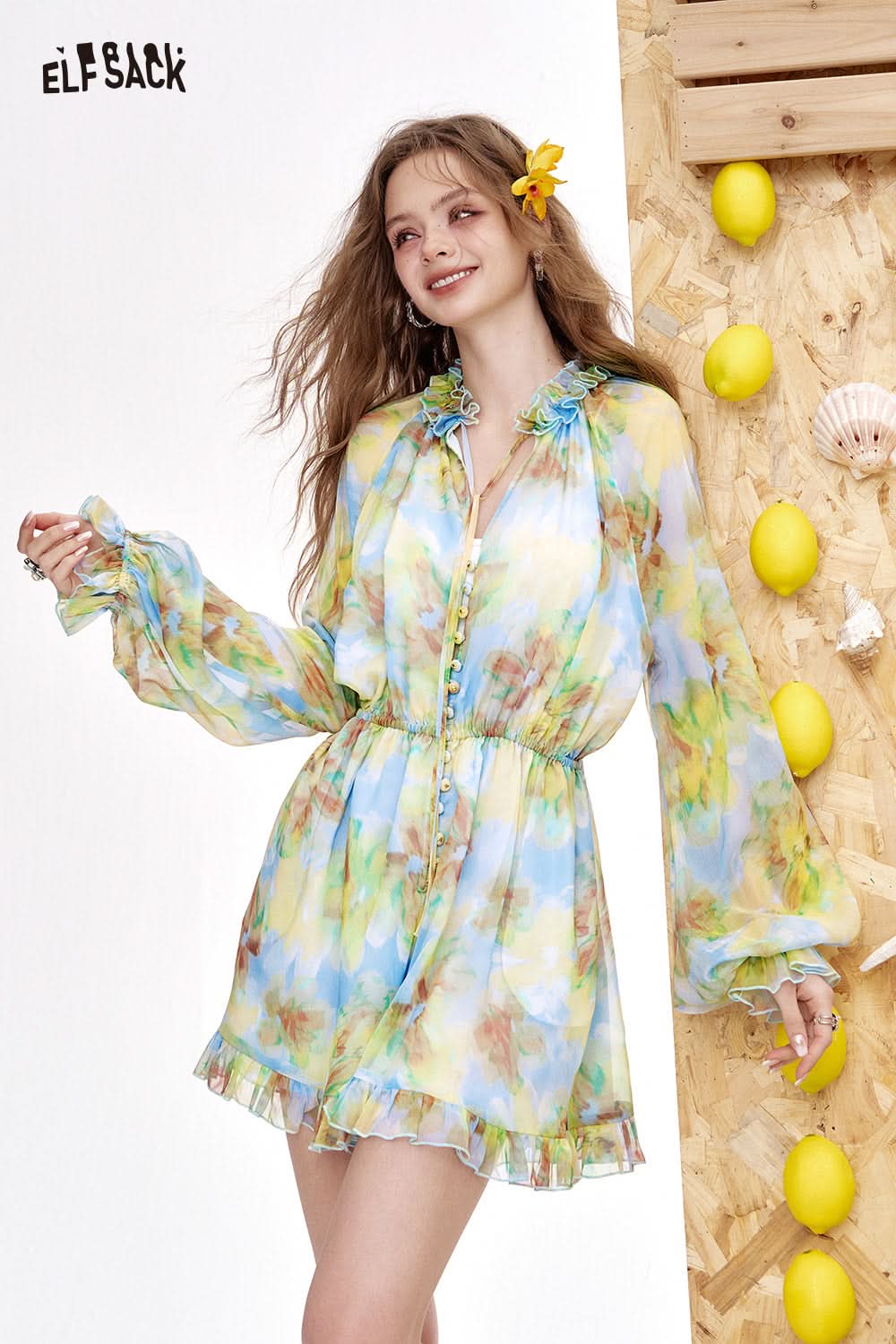 ELFSACK Full Printed Waist Cinched Long Sleeved Chiffon Chic Dress