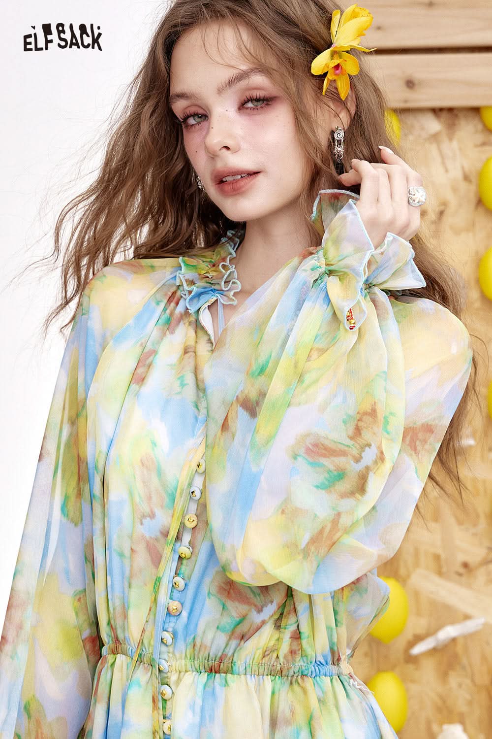 ELFSACK Full Printed Waist Cinched Long Sleeved Chiffon Chic Dress