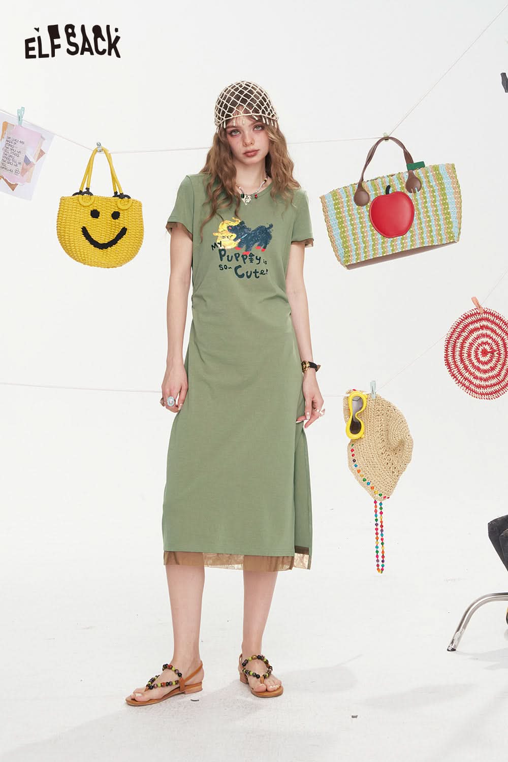 ELFSACK Printed Mesh Patchwork Casual Dress