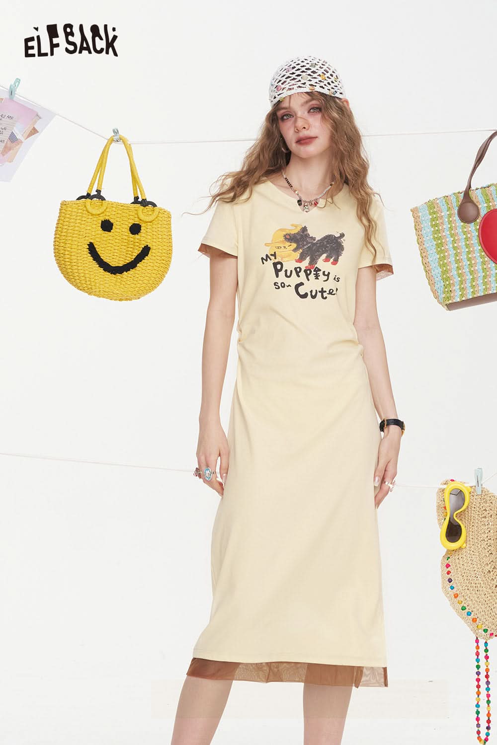 ELFSACK Printed Mesh Patchwork Casual Dress