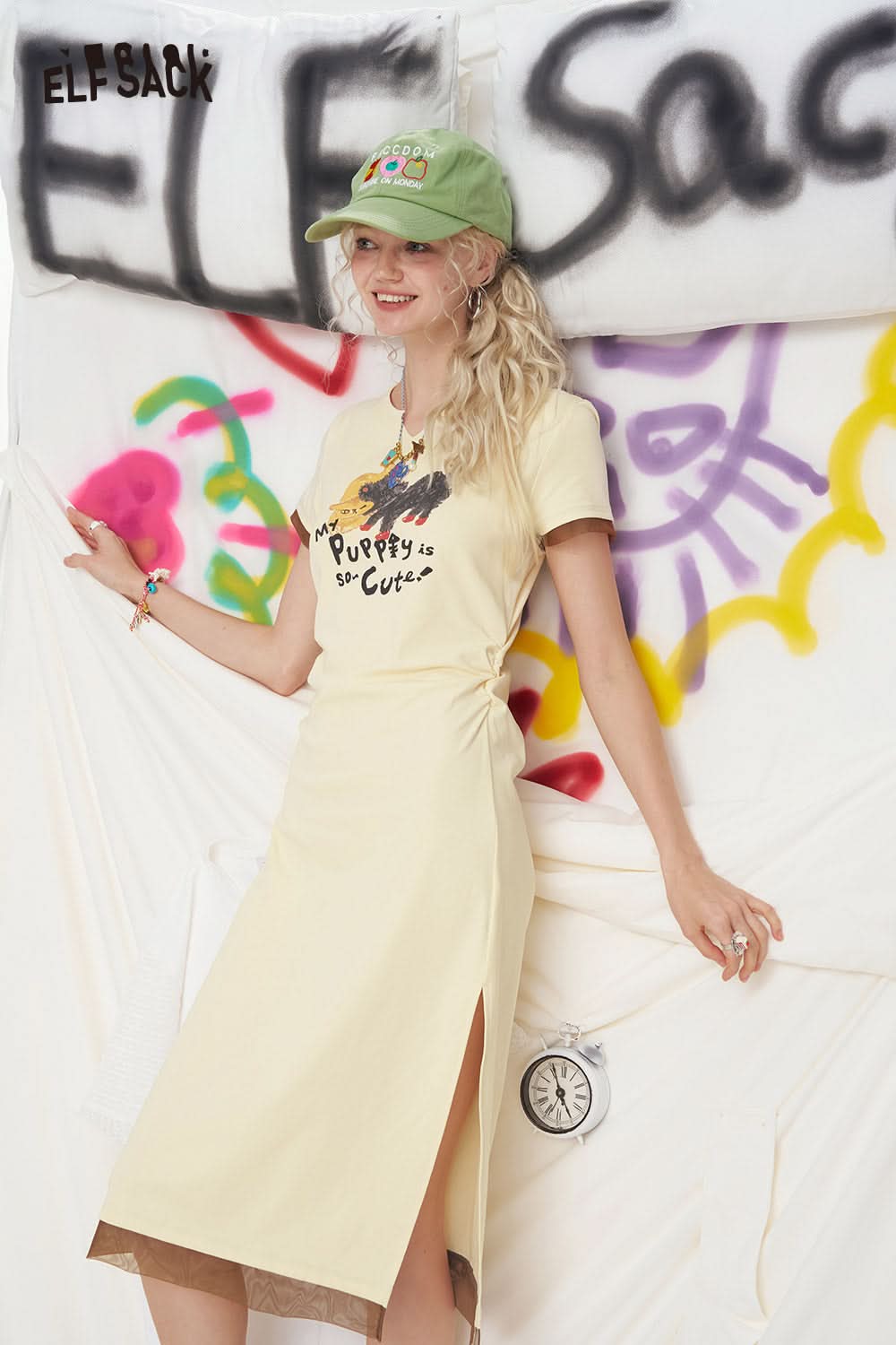 ELFSACK Printed Mesh Patchwork Casual Dress