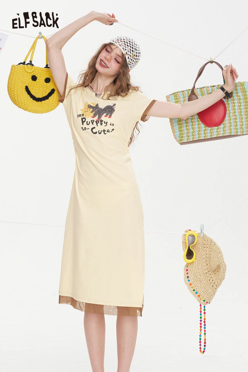 ELFSACK Printed Mesh Patchwork Casual Dress
