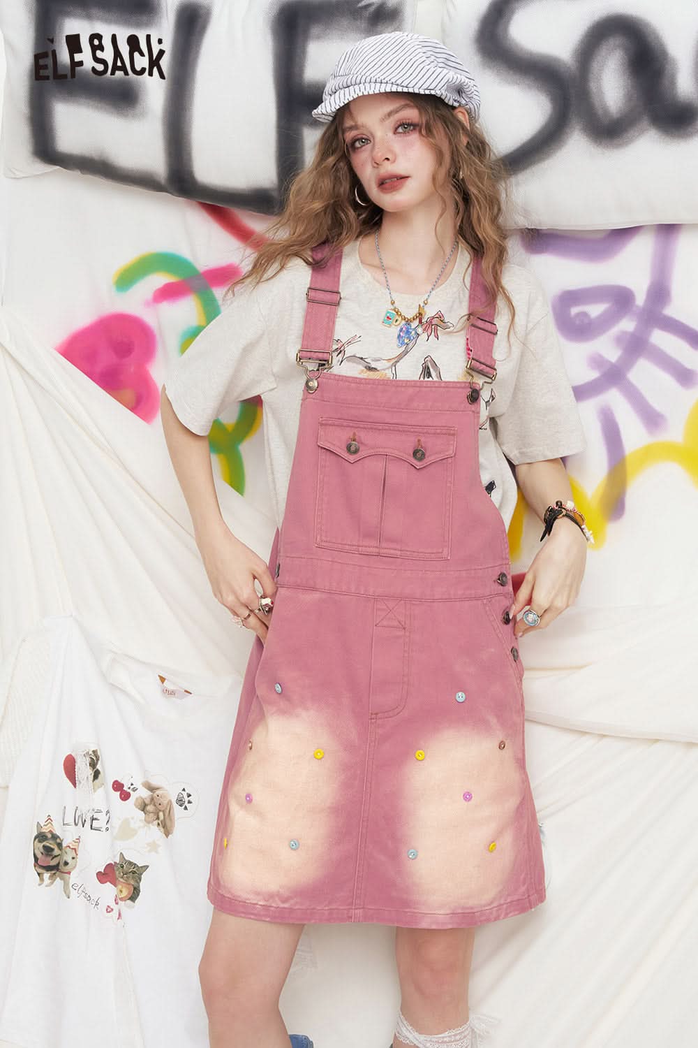 ELFSACK Pink Denim Shoulder Strap Casual Jumpsuit Short Skirt