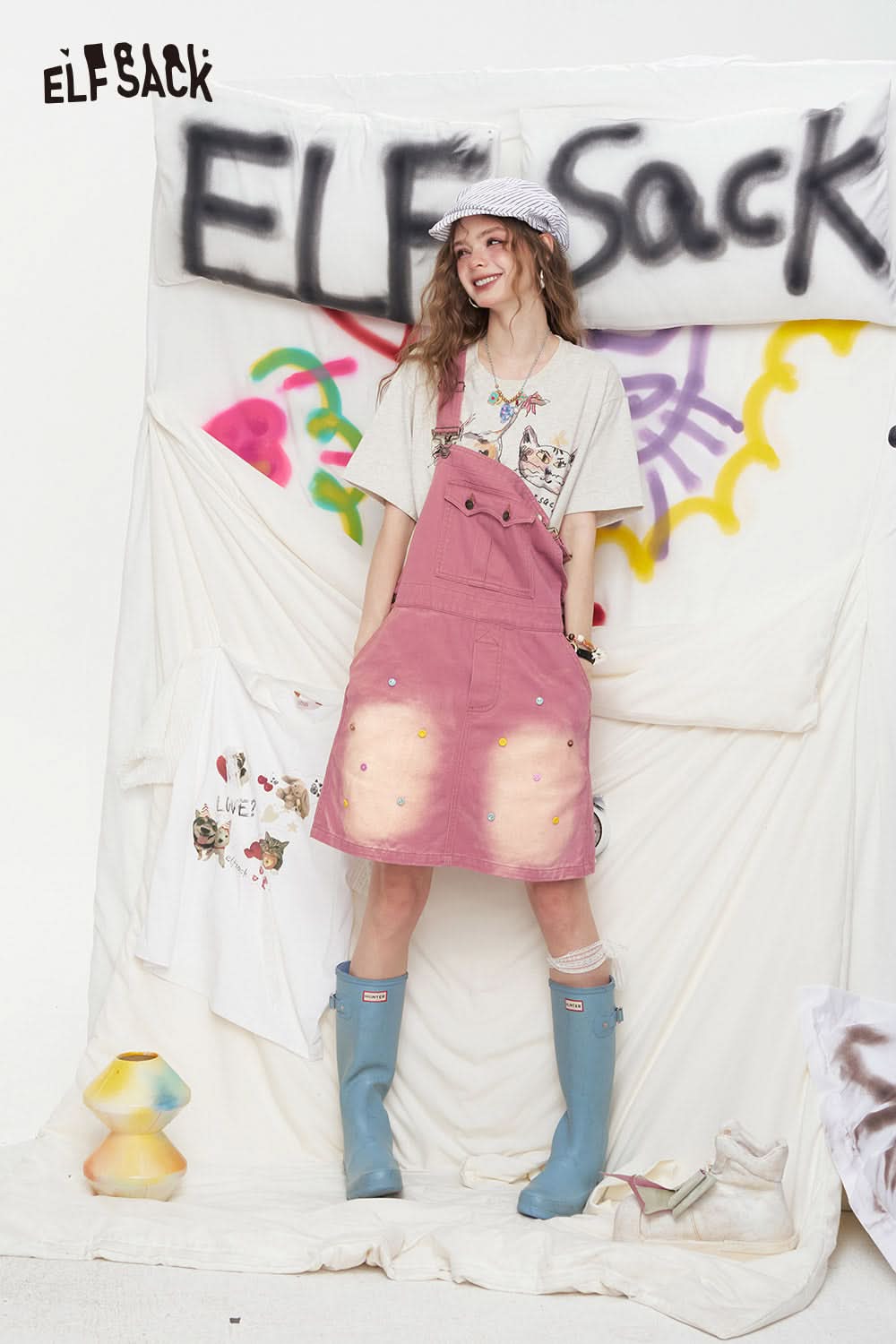 ELFSACK Pink Denim Shoulder Strap Casual Jumpsuit Short Skirt