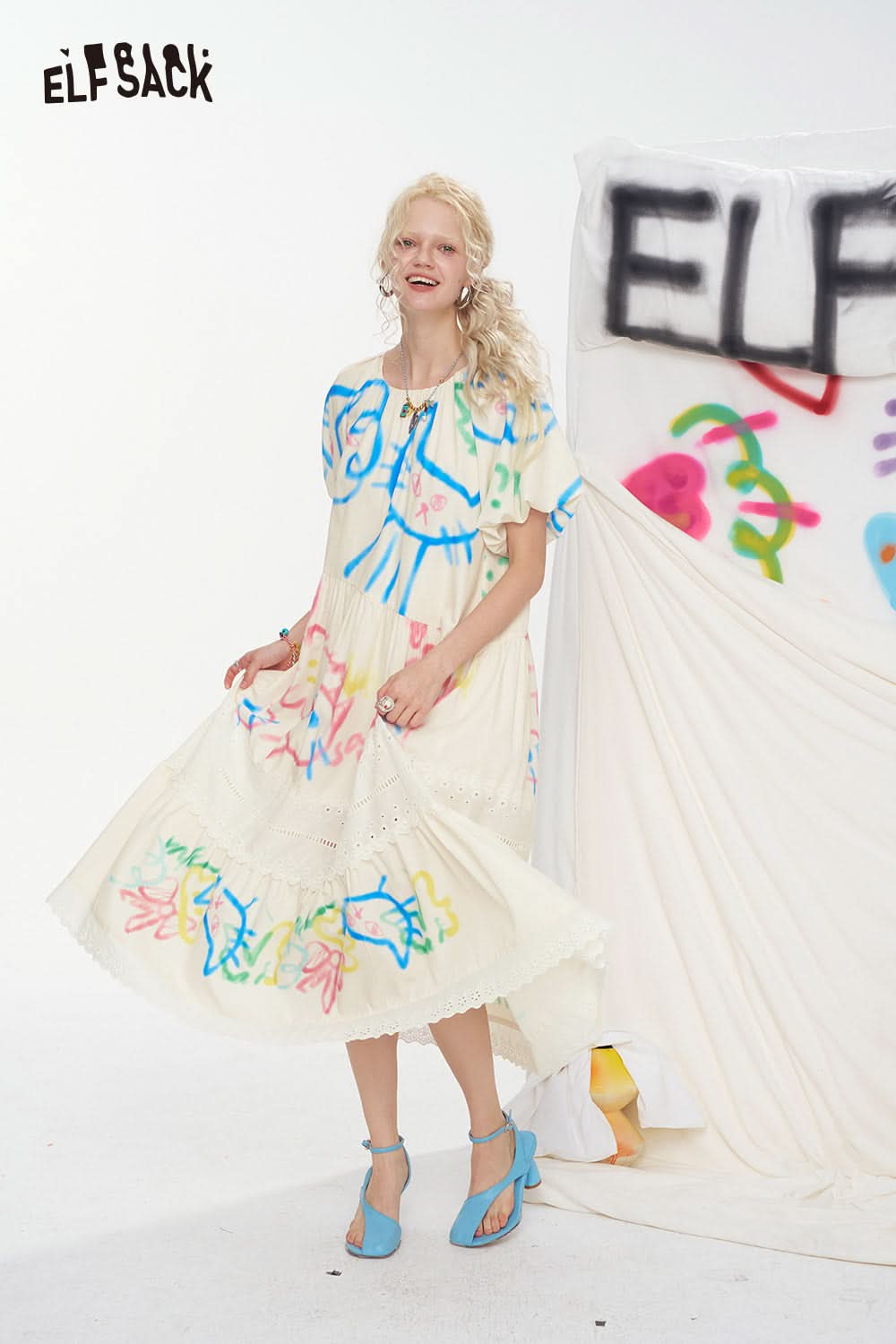 ELFSACK Original Cat Graffiti Loose Lace Patchwork Casual Dress