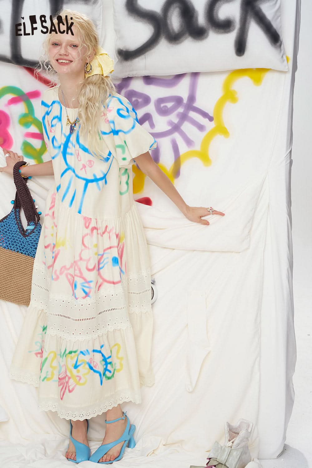 ELFSACK Original Cat Graffiti Loose Lace Patchwork Casual Dress