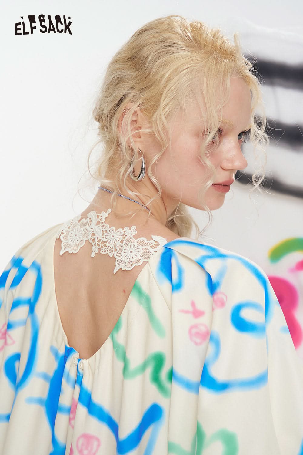 ELFSACK Original Cat Graffiti Loose Lace Patchwork Casual Dress