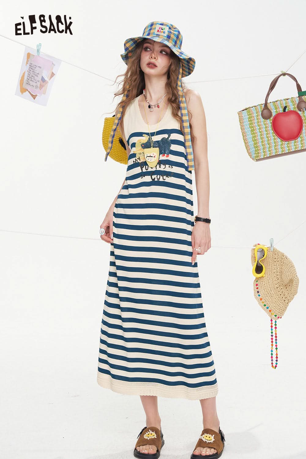 ELFSACK Original Cat Print Casual Sleeveless Dress