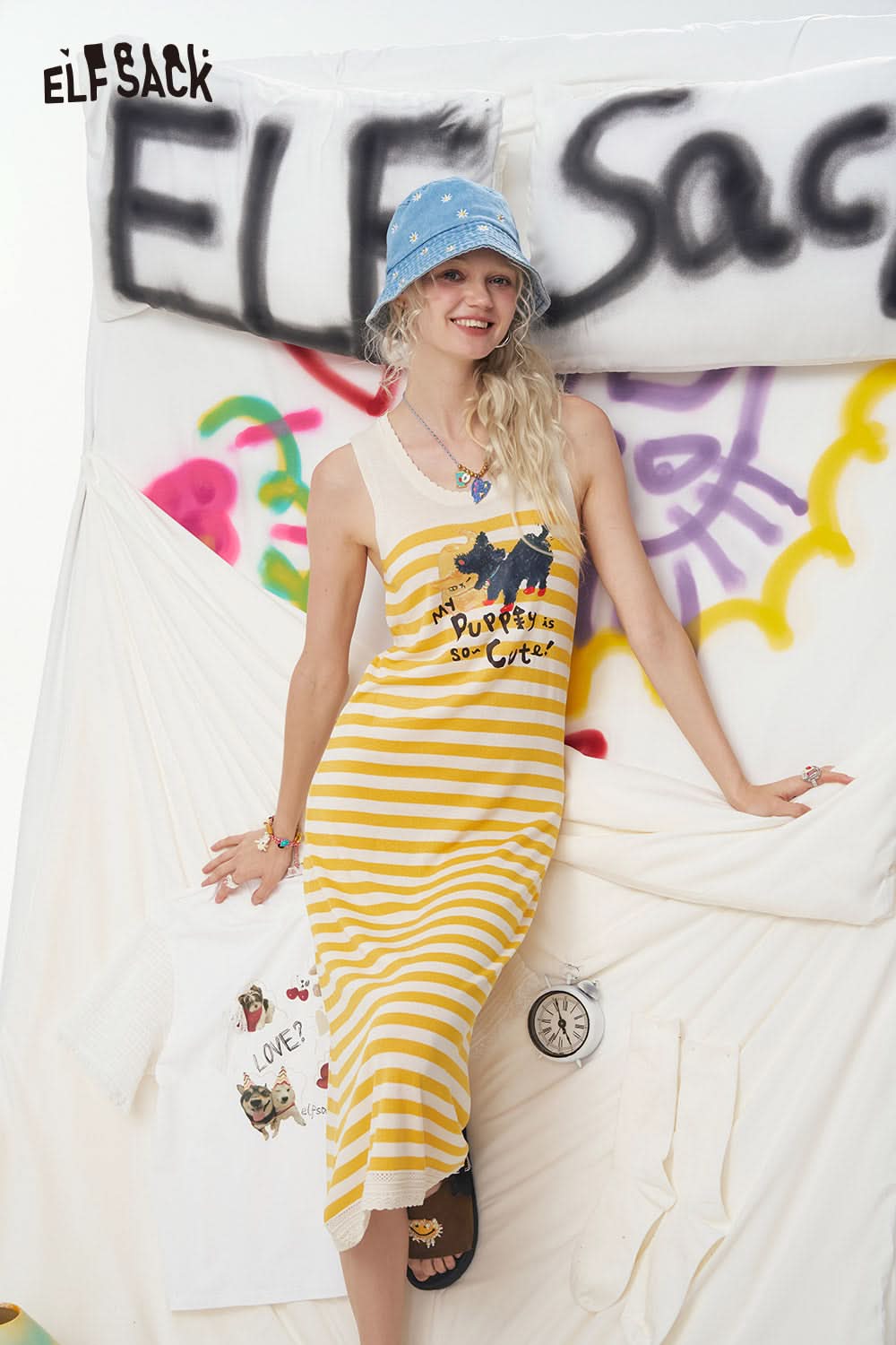 ELFSACK Original Cat Print Casual Sleeveless Dress