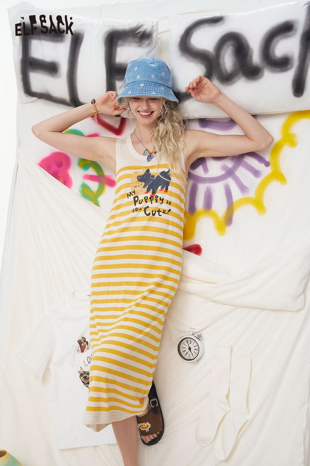 ELFSACK Original Cat Print Casual Sleeveless Dress