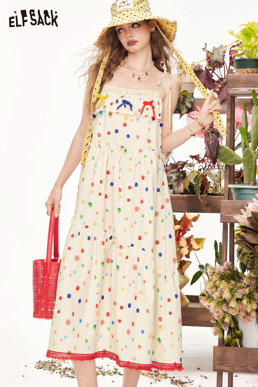 ELFSACK Colorful Polka Dot Square Neck Suspender Chic Dress