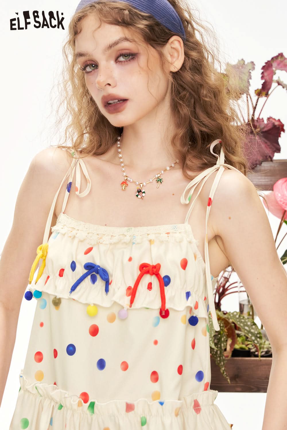 ELFSACK Colorful Polka Dot Square Neck Suspender Chic Dress