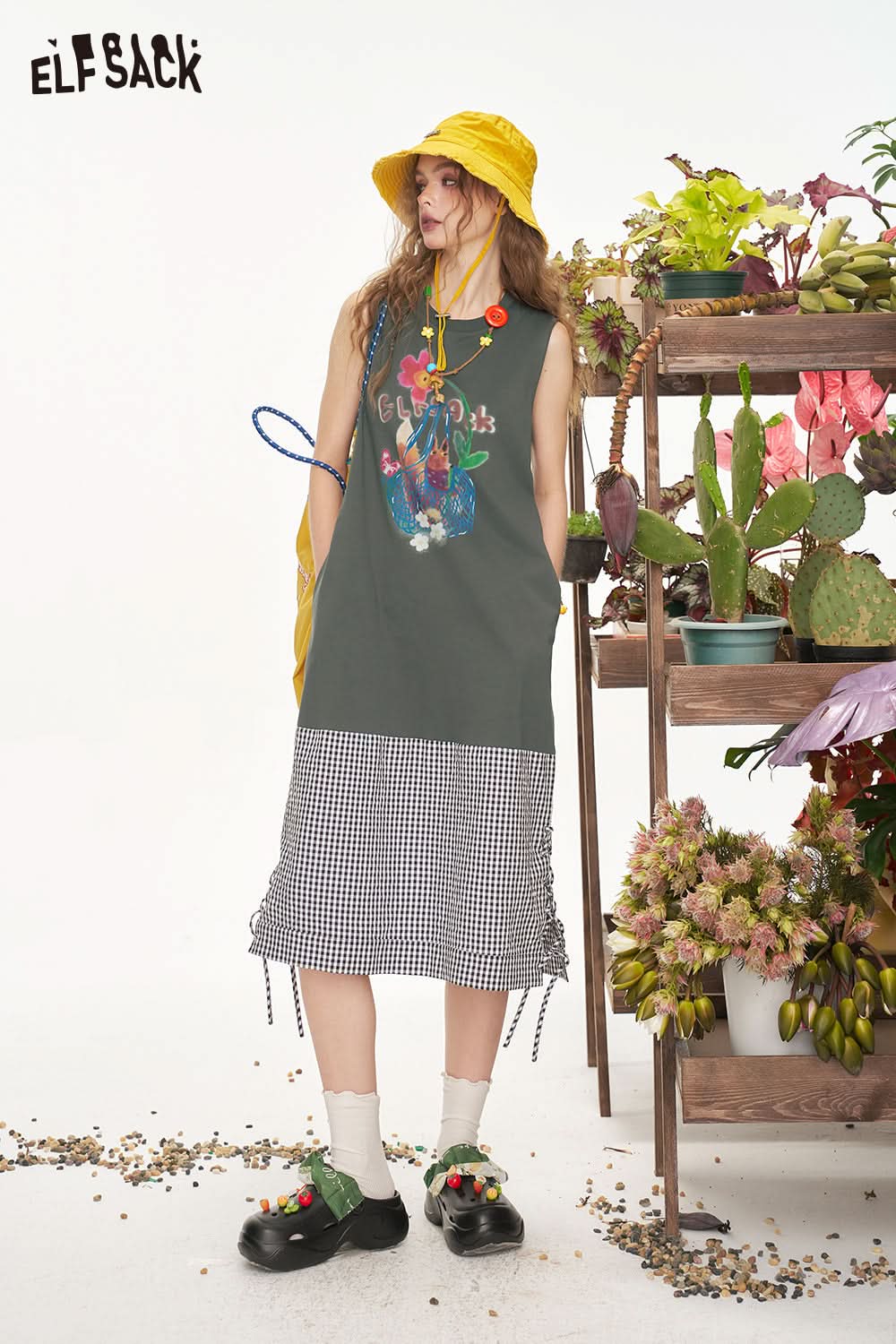ELFSACK Original Printed Plaid Patchwork Casual Sleeveless Dress