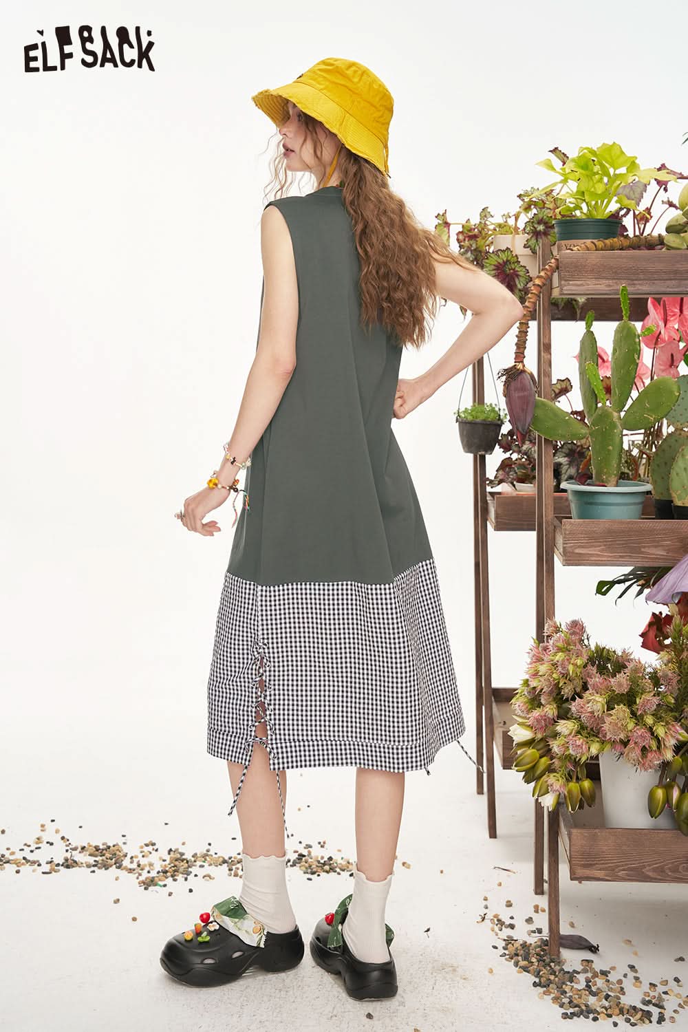 ELFSACK Original Printed Plaid Patchwork Casual Sleeveless Dress