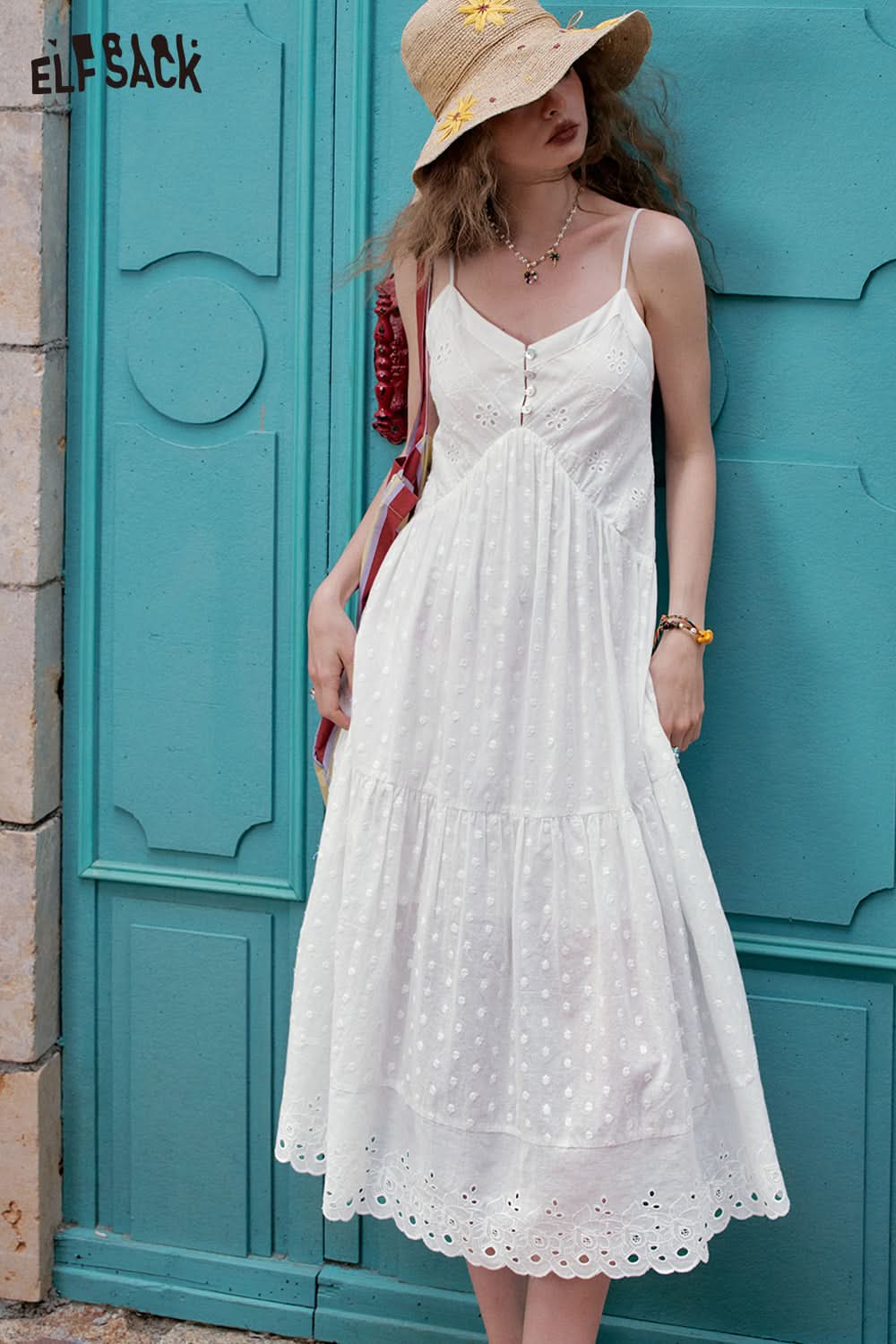 ELFSACK White Jacquard Camisole Chic Dress